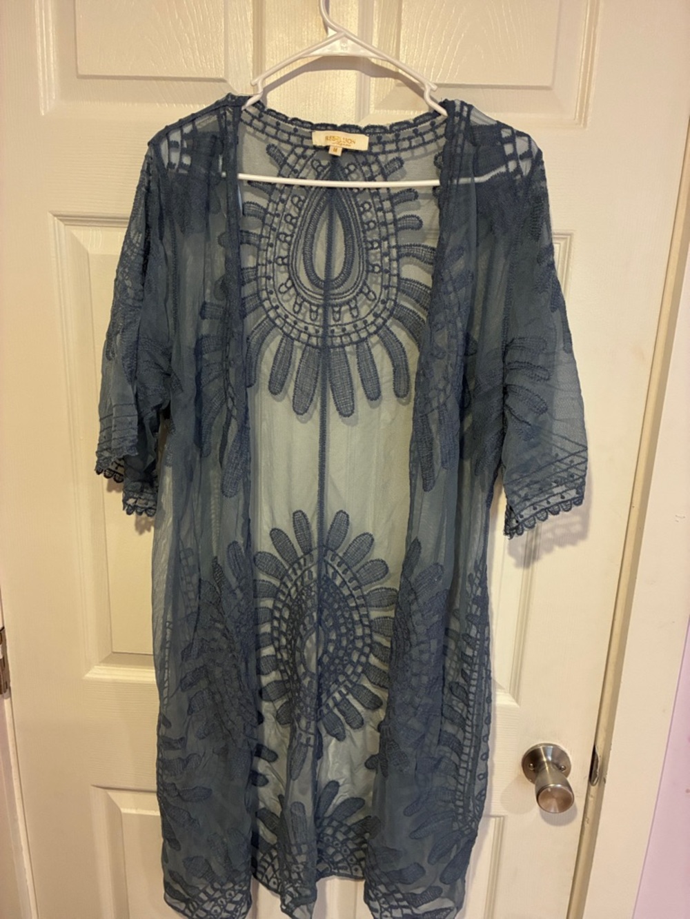 Rebellion Navy Blue Sheer Embroidered Swim Coverup